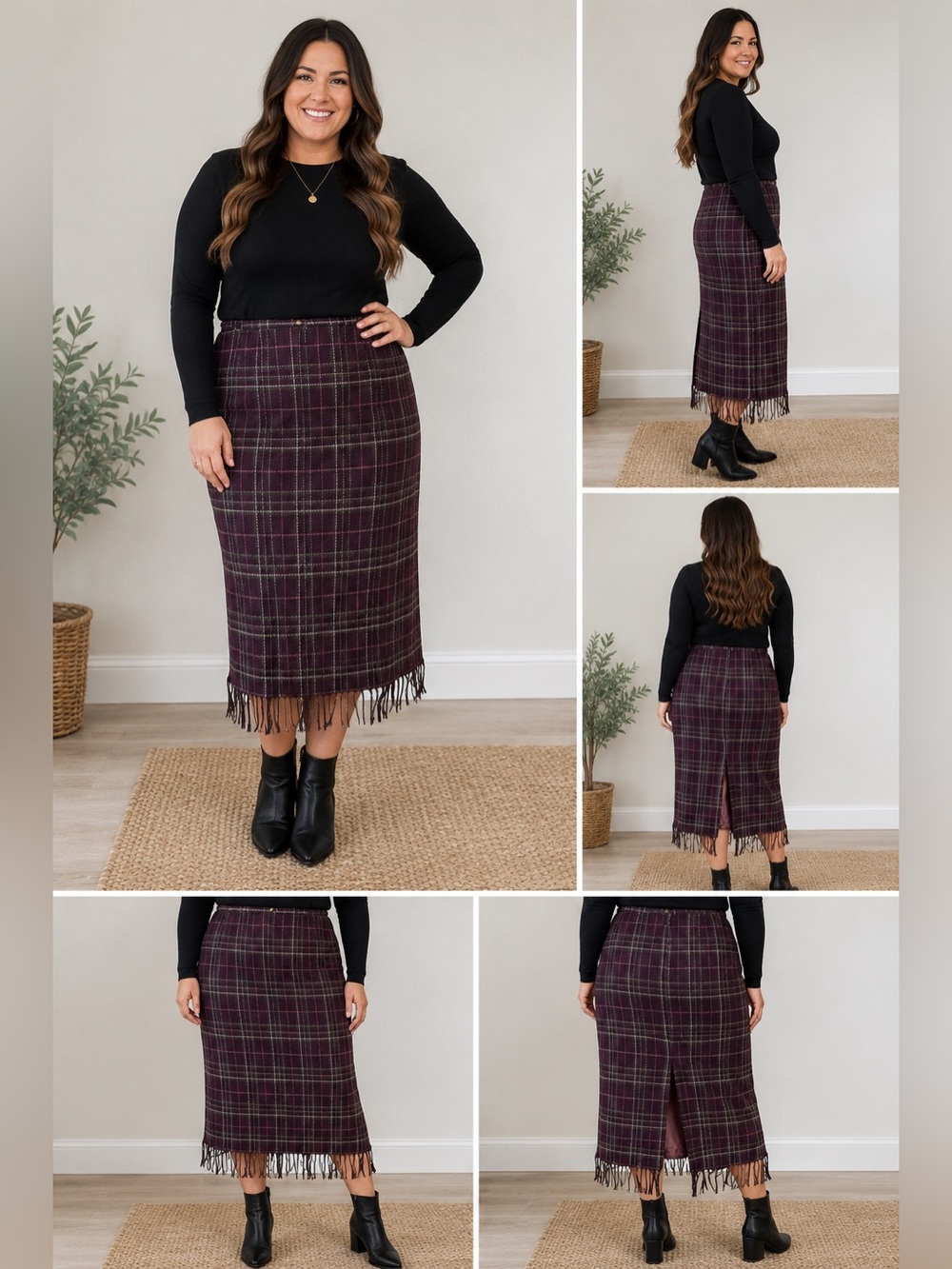 Sag Harbor Petite 14 Burgundy Plaid Fringe Midi Skirt